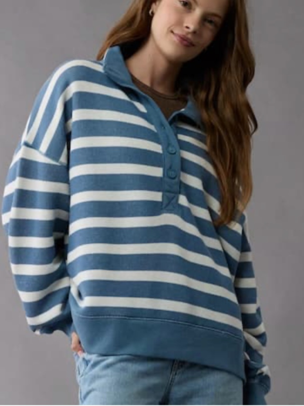 American Eagle Big Hug Henley Popover Button placket Preppy Casual Lounge Stripe